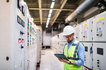 Bild Elektrotechniker mit Tablet in der Hand der Industrieanlagen prüft