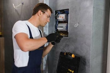 Bild Installateur der Sicherungskasten anbringt
