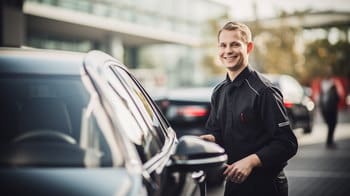 Bild junger Mann vor schwarzem Auto